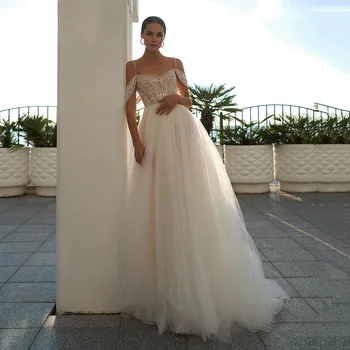 Off Peties Nėrinių Vestuvių Suknelės Moterims 2023 Linijos, Perlų Vestuvių Suknelė Su Užkarpomis Boho Vestidos De Novia