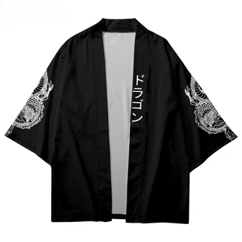 Street Wear Samurajus Azijos Drabužių Japonų Stiliaus Rankovėmis Drakonas Spausdinti Tradicinių Kimono Vyrų Yukata Cardigan Juoda Cosplay Haori