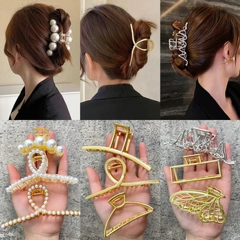 Pearl Plaukų Letena Nustatyti Įrašą Moterų Aukso Spalvos plaukų segtukai Metalo Plaukų Aksesuarų, Geometrinis Tuščiaviduriai Žnyplių Žiburių Kristalų Įrašą Didelis