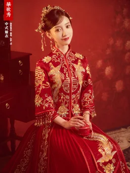 Tradicinės Kinų Stiliaus Moterų Vestuvinė Suknelė Taurę Drabužių Kalnų Krištolas Ilgomis Rankovėmis Nuotaka 