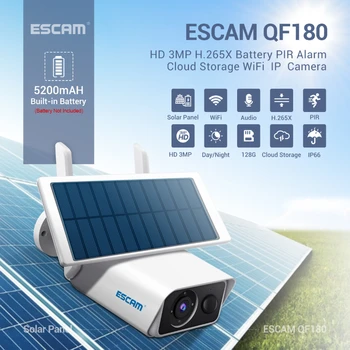 ESCAM QF180 H. 265 3MP belaidis PIR Judesio Aptikimo naktį versija Debesys Saugojimo Abipusį garso 128G Saulės Baterijos vaizdo Kamera IP66