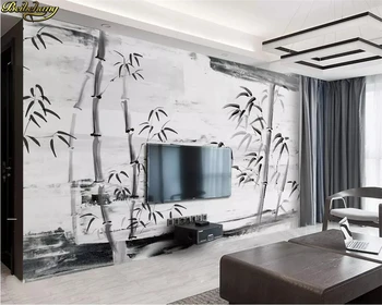 Custom foto tapetai, freskos paprastas juodos ir baltos spalvos dažais bambuko TV fono sienos dokumentų namų dekoro 3D sienų lipdukų dekoravimas