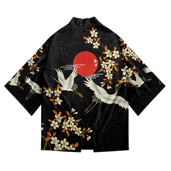Japonijos Tradicinių Drabužių Krano Spausdinti Kimono Marškinėliai Vyrams Retro Yukata Azijos Mados Tango Kostiumas Harajuku Hanfu Yukata Striukė