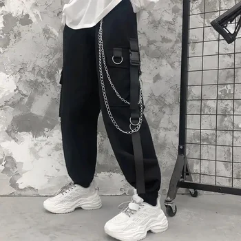 Krovinių Kelnės Vyrams Grandines Kišenėje Punk Juoda Sweatpants Gotikos Harajuku Jogger Kelnės Moterims Drabužių Hip-Hop Streetwear Techwear
