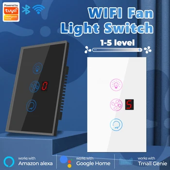 Tuya Wifi Smart Fan Šviesos Jungiklis ES/JAV Plug Touch Panel Jungiklis 1-5 Pavaros Greičio Kontrolės Smart Gyvenimą Dirba su Alexa 