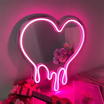 Širdies LED Neon Veidrodis Pasirašyti su Rožinės Šviesos Makiažo Veidrodėliai Mergaičių Kambario Apdaila Žibintai Atmosferą Naktį Lempa USB+Baterija