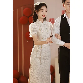 Yourqipao Baltos Spalvos Sužadėtuvių Suknelė Nauja Kinijos Plonas Nėrinių Cheongsam Tradicinis Moterų Qipao Tango Tiktų Vestuvių Hanfu Sijonas Suknelės