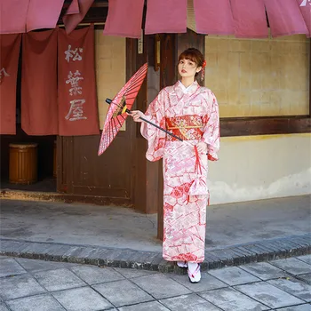 Japonijos Tradicinių Kimono Retro Stiliaus Moterų Yukata Rožinės Spalvos Gėlių Spaudinių Chalatas Cosplay Suknelė Dėvėti Fotografija