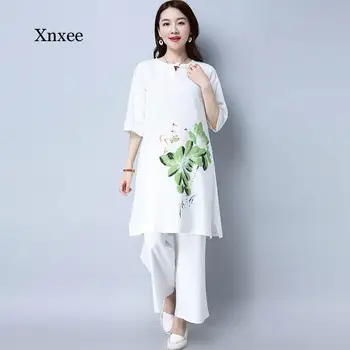 baltoji moteris rinkiniai elegantiškas medvilnės ir lino laisvas ilgas palaidinė marškinėliai+moteris pločio kojų kelnės kelnės dviejų dalių rinkiniai, vasarą, rudenį