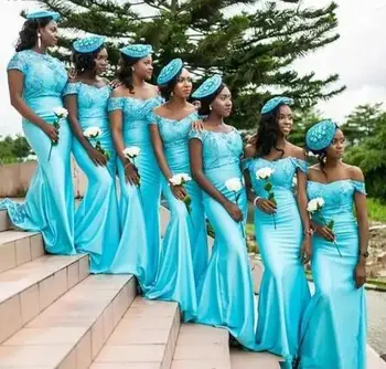 Light Blue Undinė Bridesmaid Dresses 2022 Seksualus Off Peties Afrikos Moterų Oficialų Šalis Suknelė Ilgalaikės Formalios Vestuvių Chalatai Svečias