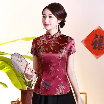 Kinų Stiliaus trumpomis Rankovėmis T-shirt Tradicinės Kinų Mandarinų Apykaklės Moterys Qipao Viršūnes Derliaus Dragon 