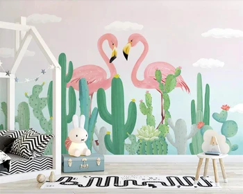 Beibehang 3d Tapetai, freskos ranka-dažytos tropinių augalų flamingo kaktusas vaikų kambarys fono sienos popieriaus namų puošybai
