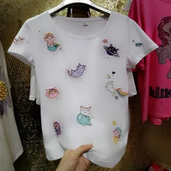 8XL!Sunkioji Pramonė Pearl Duobute T-shirt Moterims, Vasarą Cartoon Medvilnės Viršuje Tees