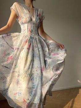 Prancūzijos Derliaus Spausdinimo Midi Suknelė Moterims 2023 Vasarą Naujas Elegantiškas V Kaklo Šalies Prom Princesė Vestidos Vienas Gabalas Skraiste Moterų Drabužiai