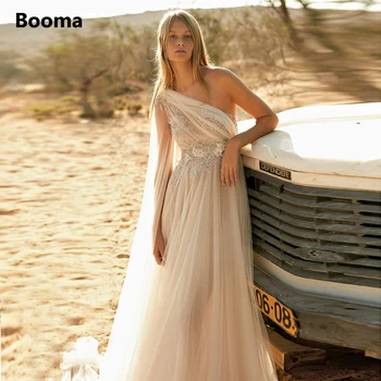 Booma Vieną Petį Paplūdimys Vestuvių Suknelės Watteau Traukinio Nėrinių Appliques-Line Boho Nuotakos Suknelės Atvira Nugara Tiulio Vestuvių Suknelės