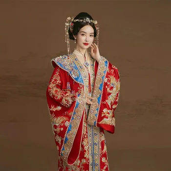 Rytų Hanfu Vestuvių Suknelė Skraiste Vestido Kinų Stiliaus Tradicinių Phoenix Blizgančiais Duobute Siuvinėjimo Qipao