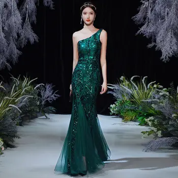 Seksualus Vieną Petį Tamsiai Žalios Spalvos Blizgučiais Ilga Suknelė Trimitas Vakaro Suknelės 2023 Vestidos De Noche
