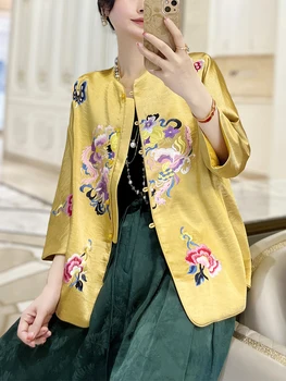 2023 Nauja Siunta Boutique Siuvinėjimo Satino Kinų Stiliaus Moteris Blousen Striukės
