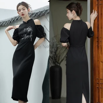 Pagerėjo Cheongsam Seksualus Shoulderless Šalis Suknelė Mados Spausdinti Naujos Kinijos Suknelės, Juoda Vintage Elegantiškas Tradicinių Qipao