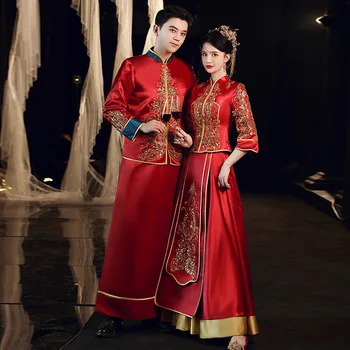 Blizgučiai Siuvinėjimas Kinijos Tradicinių Vestuvių Cheongsam Nuotaka Jaunikis Satino Qipao Suknelė китайская одежда