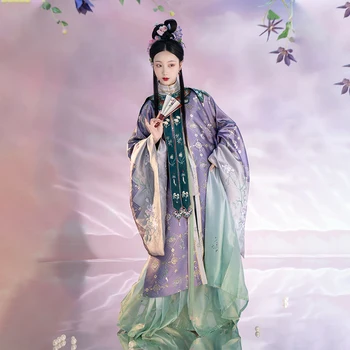 Kiniška Stiliaus Išskirtinį Išsiuvinėti Ming Dinastijos Stovėti Apykaklės Ilgai Skraiste Kostiumas Austi Aukso Makiažas Violetinė Šalies Hanfu Suknelė