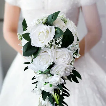 SoAlye Balta Nuotakos Puokštė Imituojamas Rose Vestuvių Priedai Krioklys Valdos Gėlių Puokštė Bridesmaid