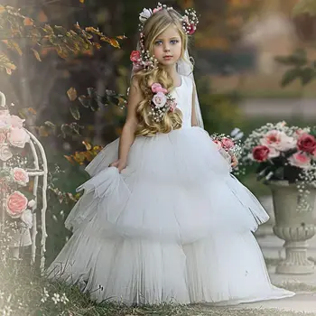 Elegantiškas Kamuolys Suknelė Gėlių Mergaičių Suknelės 2023 Appliques Apvalios Apykaklės, Rankovių Vaikai Princesė Vestuvėms Pirmos Komunijos Suknelės