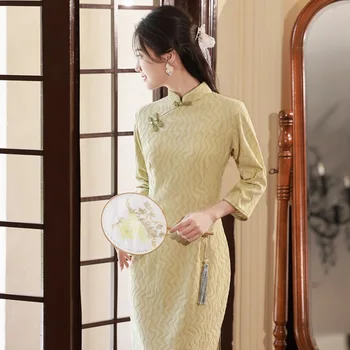 Kinijos Rudenį Septynių Taškų Rankovės Moterų Qipao Elegantiškas Nėrinių Apdaila Mandarinų Apykaklės Šifono Nuotaka Vestuvių Cheongsam
