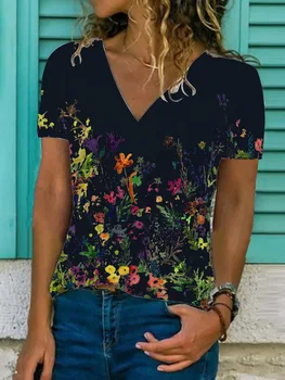 Vasaros Mados Moterų Gėlių Spausdinti Atsitiktinis V-Kaklo trumpomis Rankovėmis T-shirt Moterims, Atsitiktinis Priemiestinių Universalus Viršutinio Moterų Lady Marškinėliai