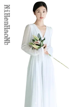 Baltos Seksualus Moterų Vestuvinė Suknelė 2023 Elegantiškas Long Sleeve V-Kaklo Šalis Nuotakos Suknelės Panele Laisvalaikio Slim Suknelė