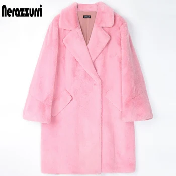 Nerazzurri Žiemos Pink Šiltas dirbtiniais kailių paltai moterims blyksnius rankovės atvartas Kišenės Atsitiktinis minkštutis striukė korėjos Stiliaus Mados 2021