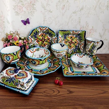 Boho Keramikos Stalo Rinkinys, Ryžių Dubenėlį, Salotos Plokštelės, Namų Puošimas Ornamentais, Gyvenamasis Kambarys Povas Puodelis