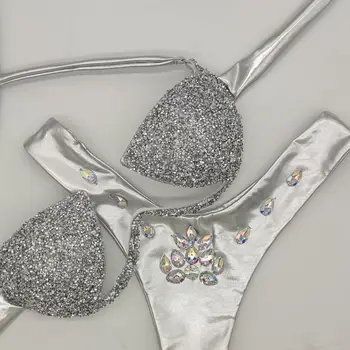 2023 Naujų Karšto Diamond Bikini, Nėrinių Aukšto Juosmens Atvira Nugara Trijų Taškų Seksualus Maudymosi Kostiumėliai, Sidabro Blizga Naktinio Klubo Veiklos Suknelė