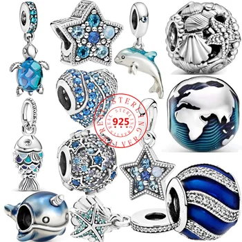 925 Sidabro Vandenyno Serijos Mėlyno Stiklo Vėžlys Delfinų Shell Žvaigždė Žemę Smulkių Granulių Tinka Originalus Pandora Žavesio Apyrankę 