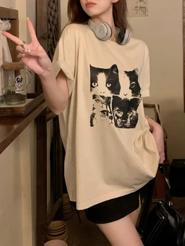 Deeptown korėjos Mados Katė Spausdinti Smėlio spalvos marškinėliai Moterims Atsitiktinis ilgomis Rankovėmis Tee American Retro Streetwear Kpop Negabaritinių Prarasti Viršūnės