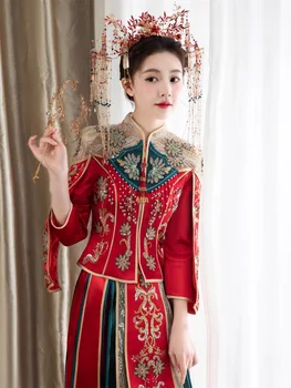 Elegantiškas Bride Derliaus Gėlių Siuvinėjimas Satino Qipao Kinijos Tradicinių Vestuvių Kostiumą Cheongsam Suknelė китайская одежда