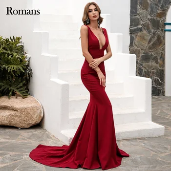Romėnai Sexy Raudona Undinėlės Prom Dresses 2023 oficialus suknelės Moterims Suknelė V Kaklo Ilgai Vakare Šalis Suknelė Kokteilių Suknelės