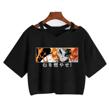 Japonų Anime Demon Slayer Moterų marškinėliai Manga Spausdinti Pasėlių Trumpas Rankovės marškinėliai Mergaitėms Moterų Grynos Medvilnės Juoda Viršūnes Naujas
