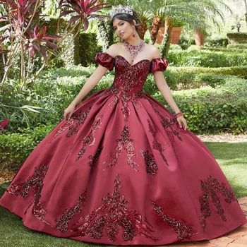 Meksikos Merginos Bordo Quinceanera Suknelės Nuimamu Movos Blizgančių Nėrinių Aplikacijos Saldus 16 Inscenizacija Chalatai Vestidos de XV años