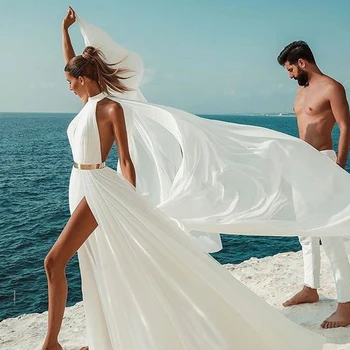 Verngo Paprasta Paplūdimys Vestuvių Suknelė 2022 Seksualus Backless Linijos, Dramblio Kaulo Šifono Vestuvių Suknelės Aukštas Kaklas Ilgas Suknelė Oficialų Šalis