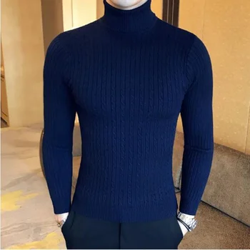 2023 Korėjos Slim Vientisos Spalvos Golfo Sweater Mens Žiemos Ilgos Rankovės, Šiltas Megzti Džemperis Klasikinis Kietas Atsitiktinis Dugno Marškinėliai