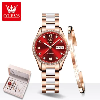OLEVS Automatinis Mechaninis laikrodis Moterims Top Brand Prabangus Diamond Dial Elegantiškas Keramikos Watchband Ponios Suknelė Laikrodį 6637