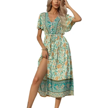 Mados Žalia Bohemijos Suknelė Moterims Vasaros 2023 V-kaklo trumpomis Rankovėmis Gėlių Komplektai Moterų Elegantiškas Nėrinių Ilgai Boho Suknelė Ponios