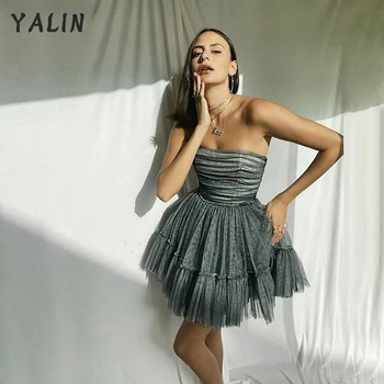 YALIN Pilka Tiulio Prom Dresses Stebėjimo Mini Ilgis, Vestidos De Fiesta Baigimo Atvira nugara-Line Trumpas Homecoming Suknelės