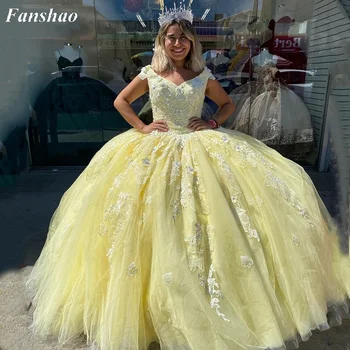 Fanshao wd571 Tiulio Quinceanera Suknelės V-Kaklo Nėrinių Aplikacijos Kamuolys Chalatai Nėriniai-Line Princesė Reljefiniai Vestidos De Ano