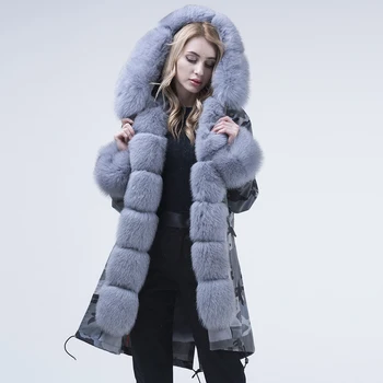 Moterų Žiemos Paltai 2021 Nekilnojamojo Fox Fur Parko Su Dirbtiniais Kailiais Linijinės Kamufliažas Šiltas Ilgas Parko Striukė Moteriška