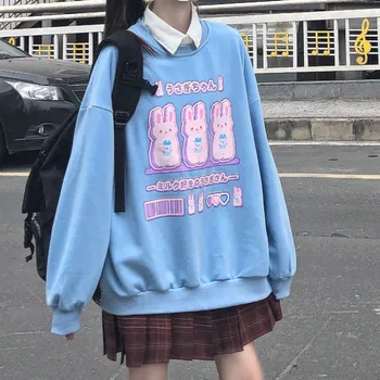 Anbenser Japonijos Moterų Palaidinukė Saldus Mielas Triušis Spausdinti Puloveris Viršūnes Kailis Negabaritinių Outwear Streetwear O-Kaklo Atsitiktinis Hoodies
