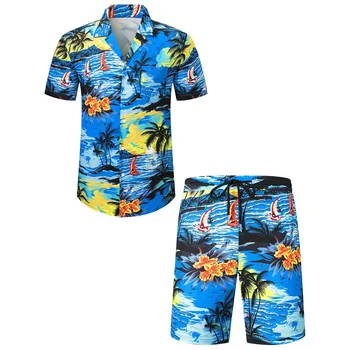 Havajų Vyras 2 dalių Komplektas 3d Spausdinimo Mygtukas Marškinėliai Elastinga Nėrinių Šortai Vyrams, Rinkiniai, Paplūdimio Ansamblis Homme Paplūdimio Conjuntos Naujas