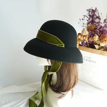 202011-panshi - Hepburn stiliaus malonės spalvos aksomo juostelės lady vilnos kibirą bžūp moterų žvejų skrybėlę