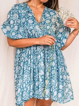 Moteriški Elegantiški Gėlių Spausdinti V-Kaklo Tunika Suknelė su Puse Rankoves ir Plisuotos Swing Sijonas Vasaros Laisvalaikio Drabužiai